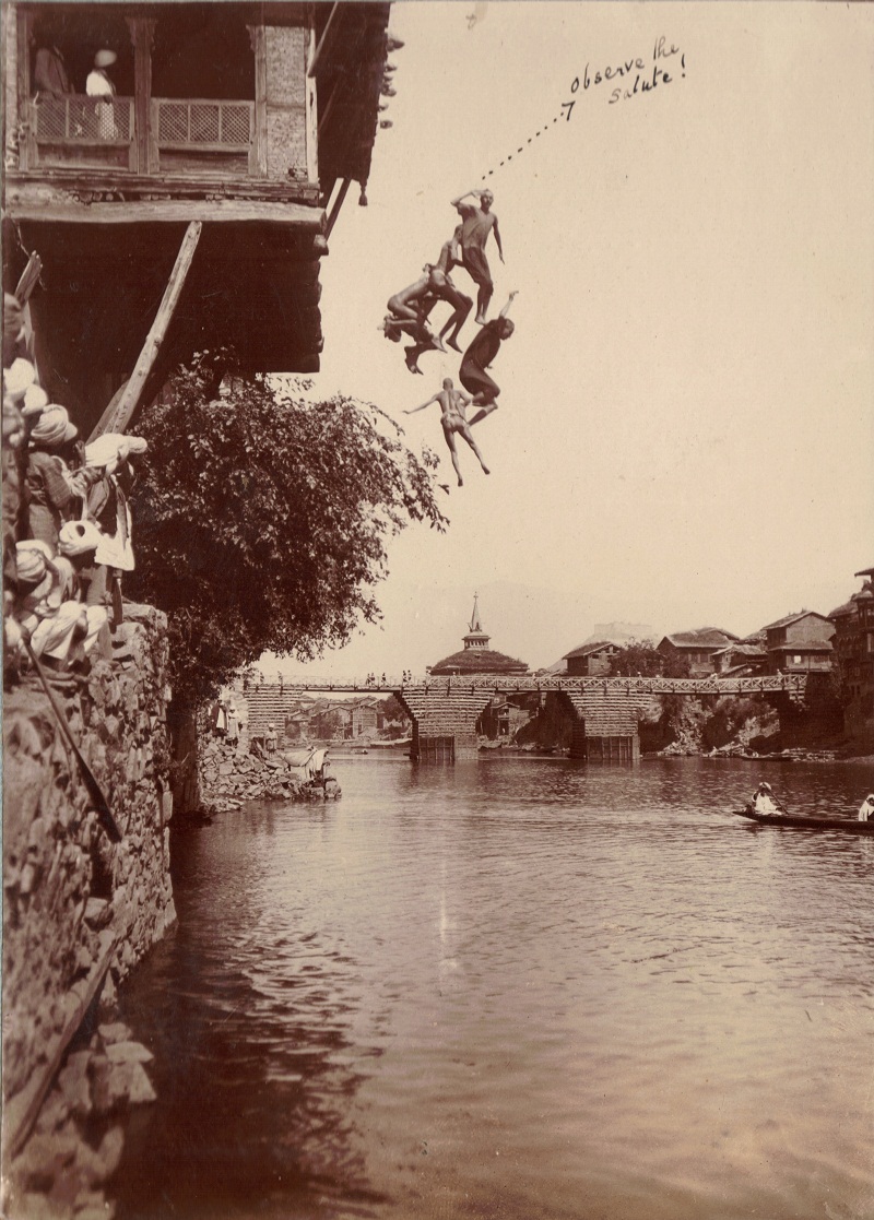 Boys jumping from the school classroom into the river, Sringar.jpg