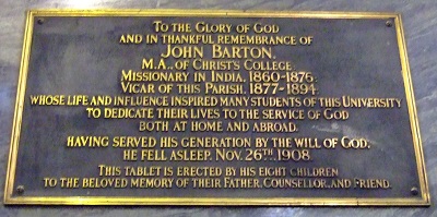 Holy Trinity Church, Cambridge, plaque next to stained glass window.JPG