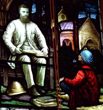 Holy Trinity Church, Cambridge, stained glass window left of altar showing Rev John Barton Detail.JPG