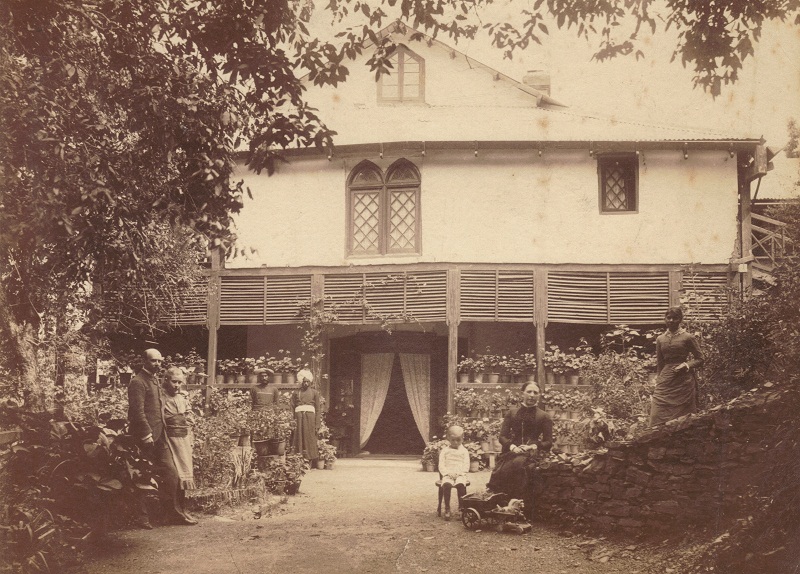John Edward Broadbent 1845-1931, Esther, Vishnu, Mallu, Theo, Mrs Broadbent, Martha Cooke at family house Woodhall Cottage in Shimla India.jpg